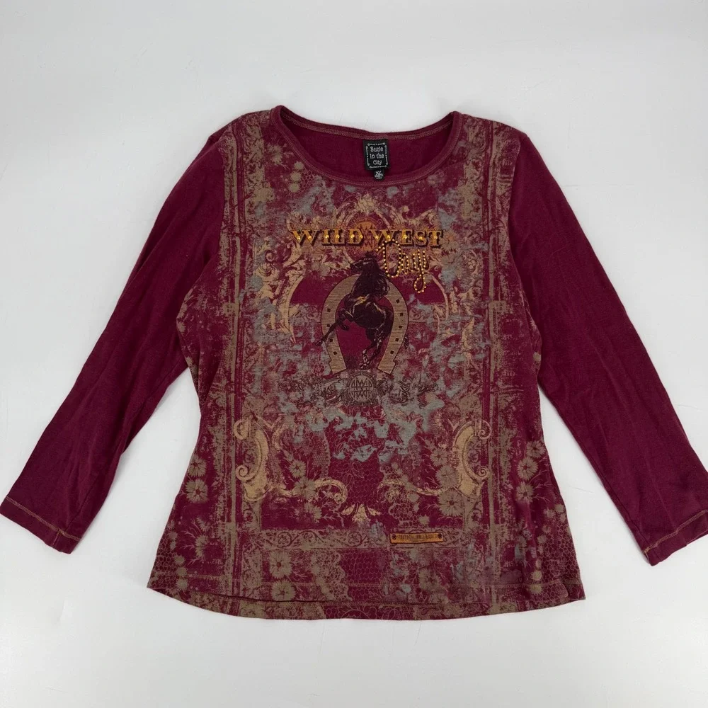 Y2K Wild West Horse Tee Rhinestone Maroon USA Suzie in the City Womens XL‎